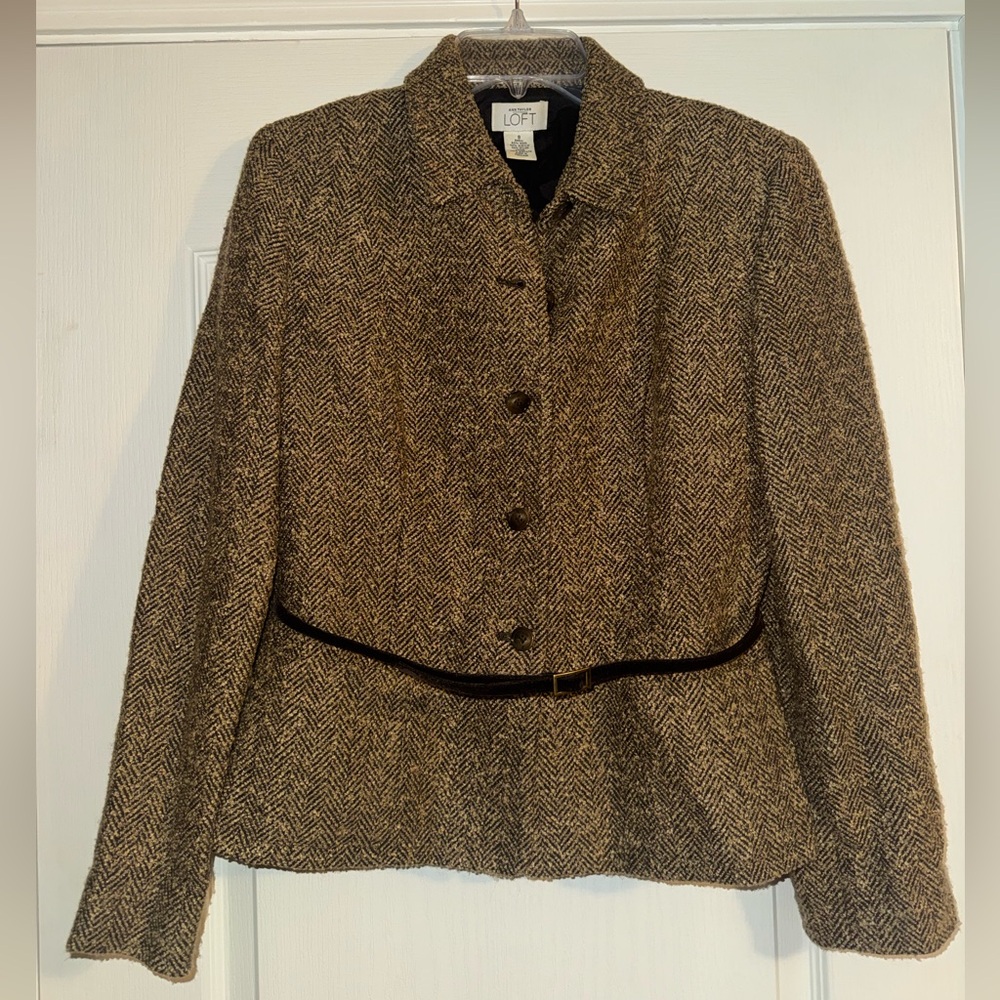 Ann Taylor loft brown tweed wool blazer jacket with belt